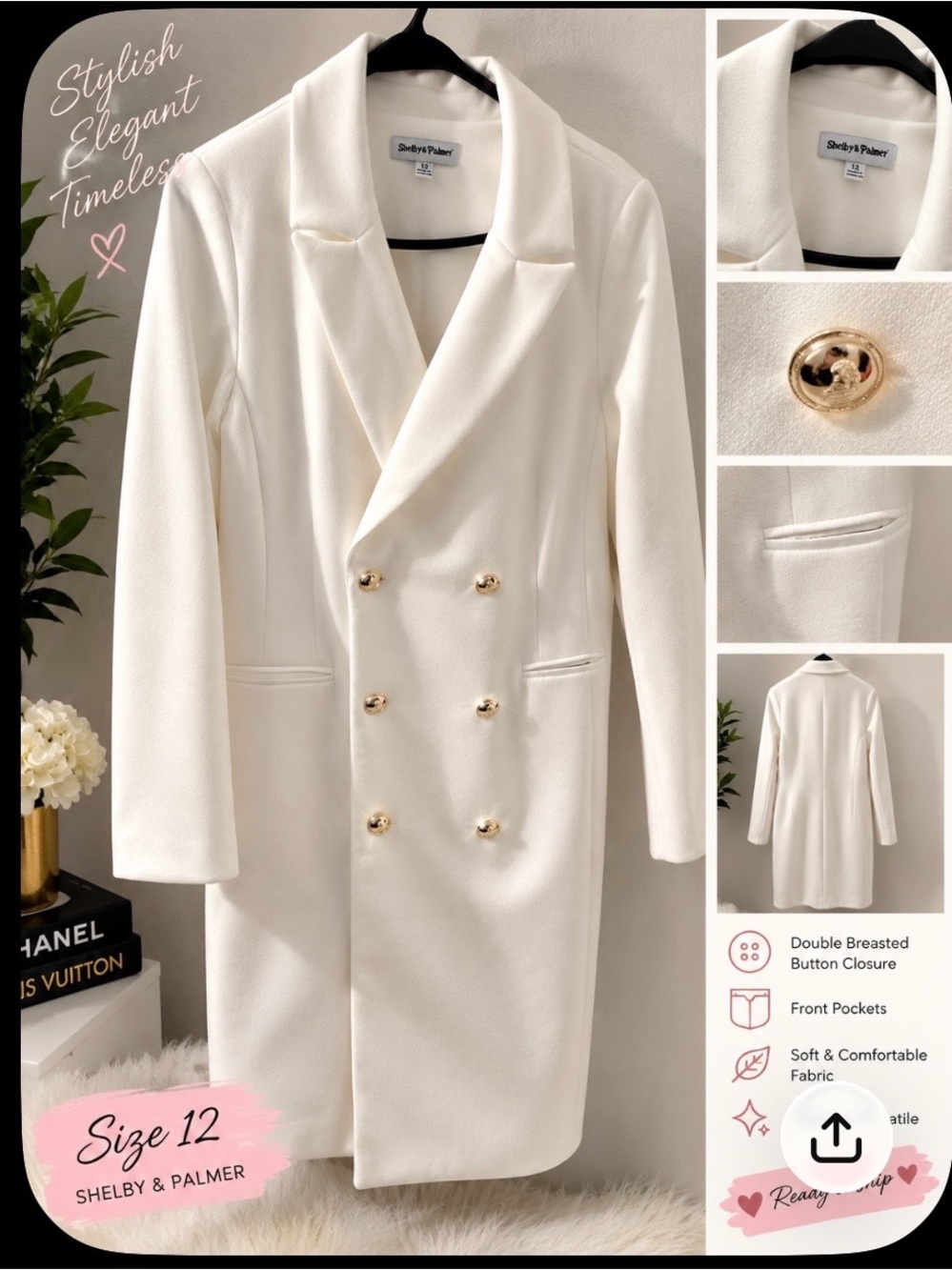 Shelby & Palmer Cream Double-Breasted Blazer Coat with Gold Buttons